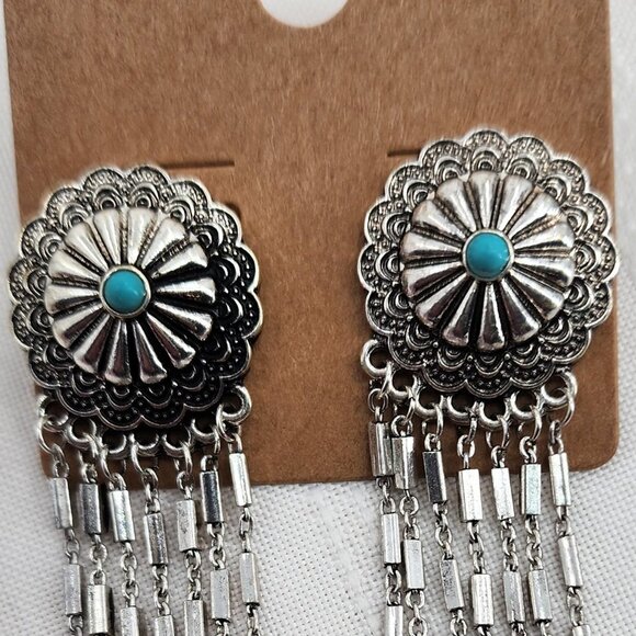 ICON Turquoise & Silver Concho Fringe Chandelier Earrings NWT - Picture 4 of 5